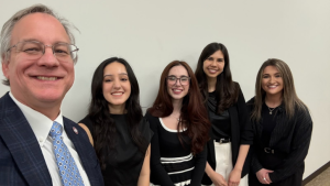 From the left: Aron with ICC 2026 Vice President Eesha Singh, CMS ’29; 2026 President Madeline Marks, CMS ’29; 2025 President Lana Trautman, CMS ’28; and 2025 Vice President Alex Zanowick-Marr, CMS ’28.