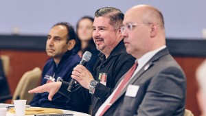 Jesus Ruiz, dean of College of Lake County’s Lakeshore campus, asks a question during the Health Equity Breakfast panel discussion.