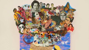 An artwork where the bottom half is a painting of a white-clothed figure supporting a large basket on her back while another figure helps lift the load. The top half of the artwork is a collage of photographs and artworks, which fill the painted basket.