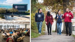 Rosalind Franklin University, students walking on campus, and studying in a classroom.
