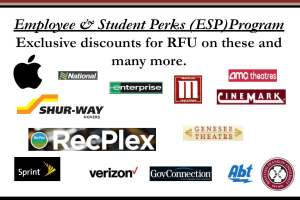 Employee & Student Perks Program flyer with logos of brands like Apple, AMC Theatres, RecPlex, and others, offering exclusive RFU discounts.