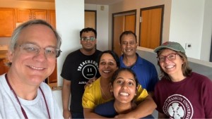 Aron and Alice help Amrutha Venkat (front) move in. From the left, Aron, Abhy Venkat (brother), Sandhya Venkat (mom), Viswanathan Venkat (dad), and Alice.