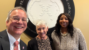 From left: Aron with outgoing board chair, Dr. Karen Miller, and incoming chair of the board, Dr. Kim Darey.