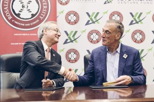 RFU President Aron Sousa, MD, and John Shufeldt, MD, JD, MBA mark a new partnership between RFU and Xcellerant Ventures with the signing of a memorandum of understanding.