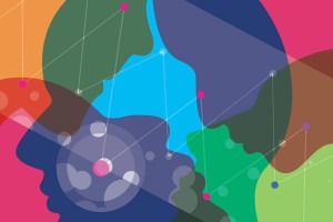 Abstract artwork featuring overlapping silhouettes of faces in vibrant colors like blue, green, and pink, connected by white lines and dots.