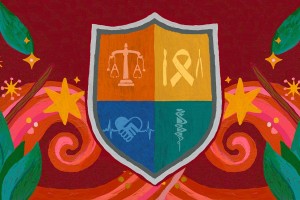 A vibrant shield features scales, a ribbon, shaking hands, and a caduceus. Surrounding swirls, stars, and leaves on a maroon background.