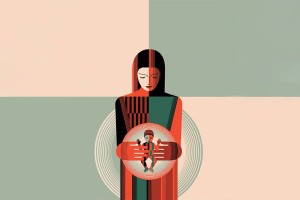 Abstract art of a person with a serene expression, holding a small figure encircled by geometric patterns, in muted warm tones.