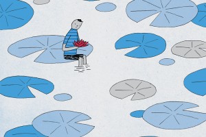 Illustration of a person sitting on a large lily pad in a pond, holding a red flower. Surrounded by blue and gray lily pads.
