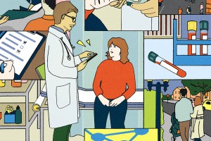 Illustration depicting healthcare scenes: a doctor in a white coat with a tablet, a patient in red, a clipboard checklist, lab vials, and pedestrians.