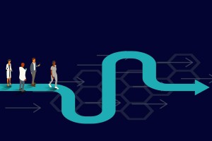 Four people walk on a teal, winding path with hexagonal patterns and arrows on a dark background.