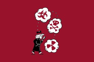 A curious detective in dark attire examines three thought bubbles with warning symbols: biohazard, skull, and radiation, against a maroon background.