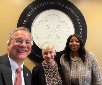 From left: Aron with outgoing board chair, Dr. Karen Miller, and incoming chair of the board, Dr. Kim Darey.