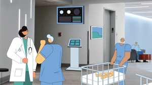 Illustrated hospital hallway: a doctor greets a patient, while staff push a baby bassinet past waiting patients in a calm, bright clinic.