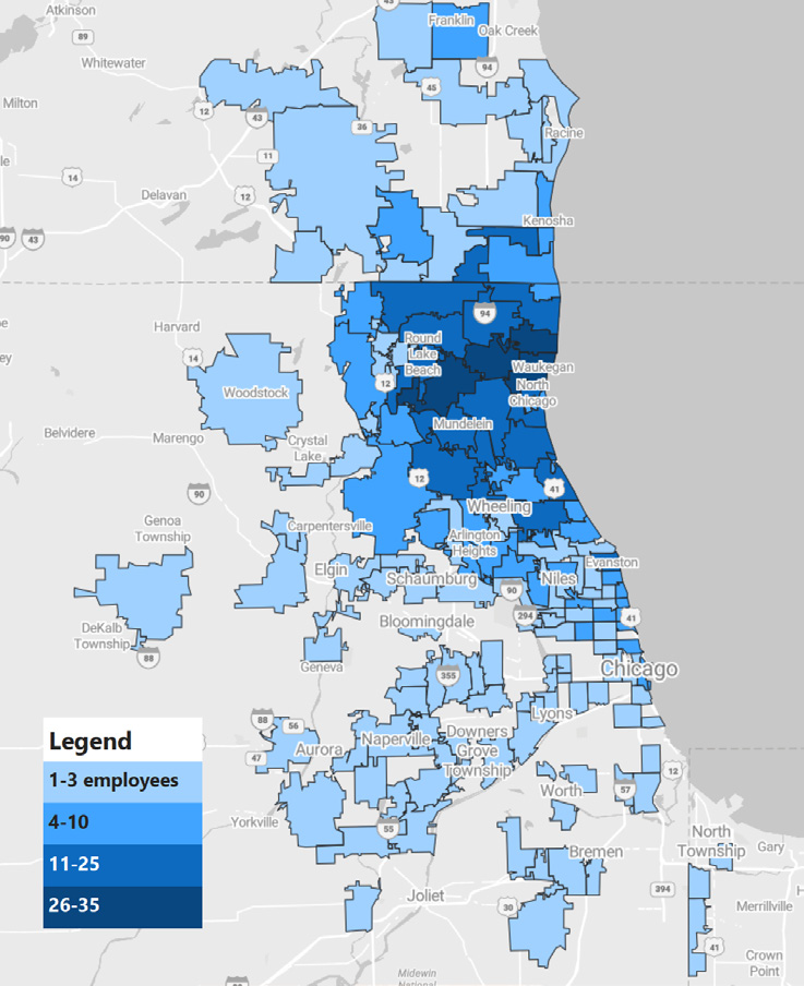 Rosalind Franklin University Employees by ZIP Code. Shows a Legend with groups for 1-3 employees, 4-10, 11-25, and 26-35.